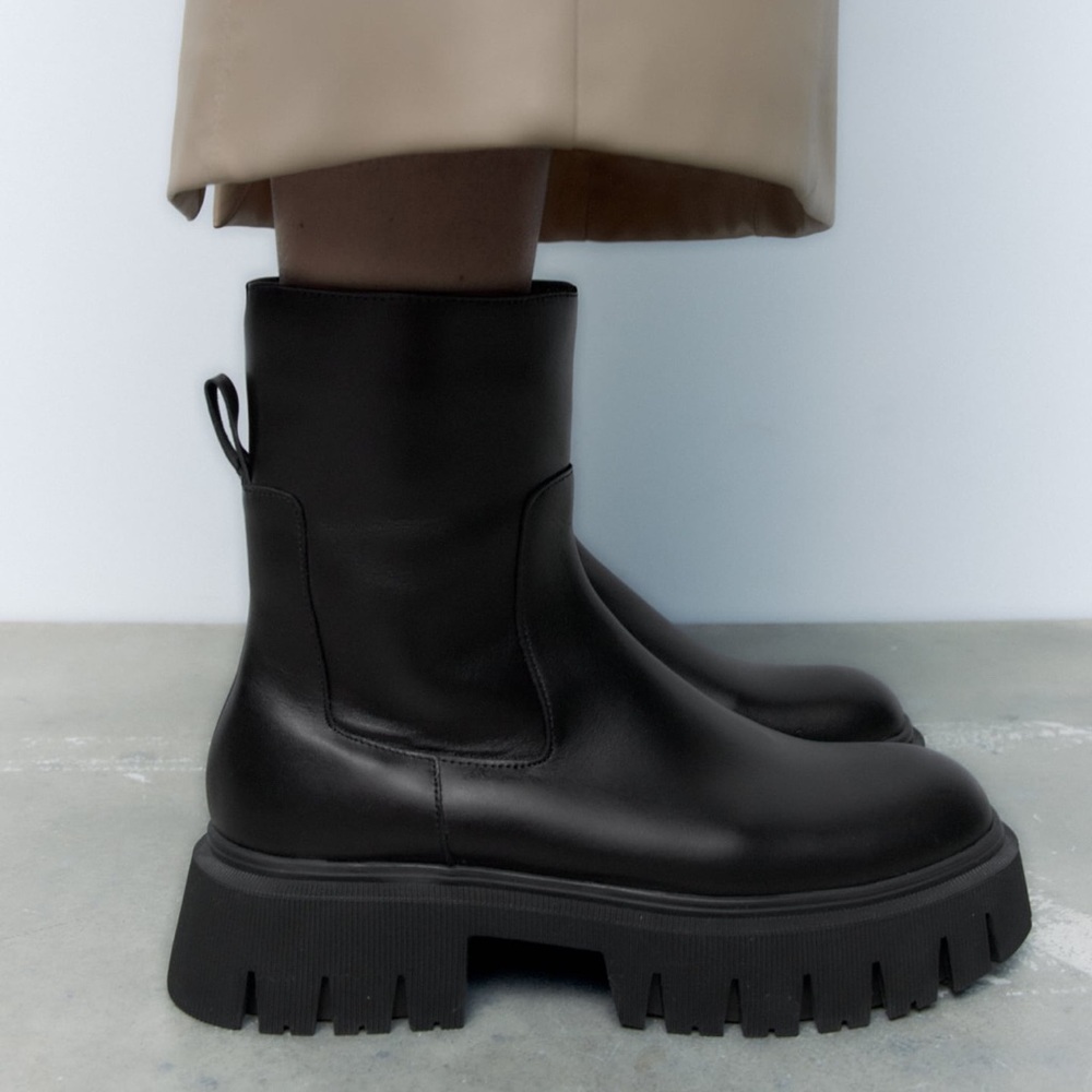 Zara, leather lug soled ankle boots, size 7.5.